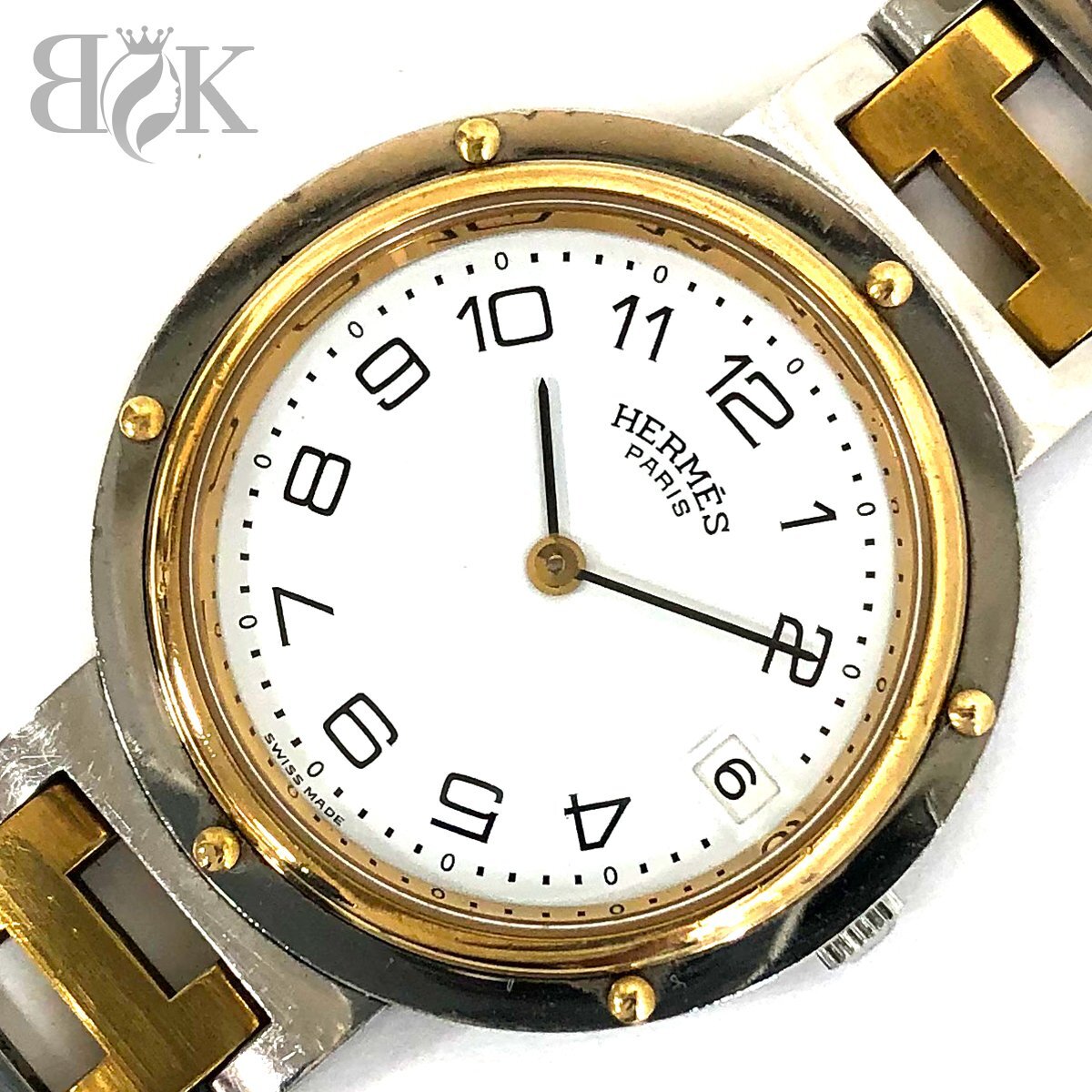 エルメス クリッパー 初期型 メンズ 腕時計 クオーツ QZ 白文字盤 SS×GP 動作品 アンティーク 中古品 HERMES＋_画像1