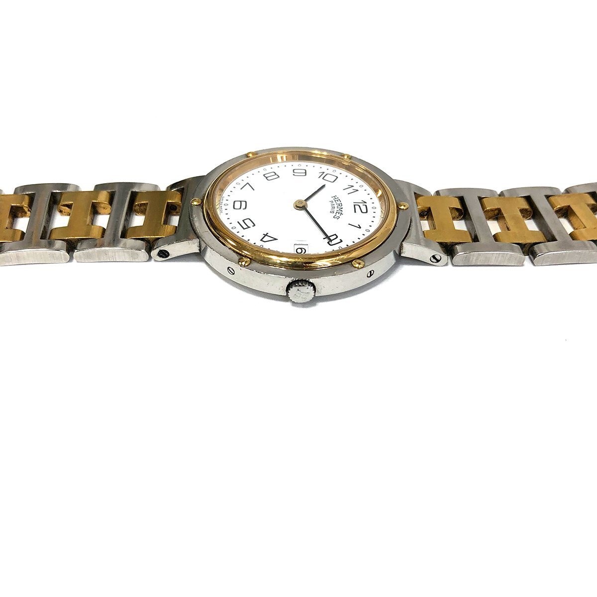 エルメス クリッパー 初期型 メンズ 腕時計 クオーツ QZ 白文字盤 SS×GP 動作品 アンティーク 中古品 HERMES＋_画像4
