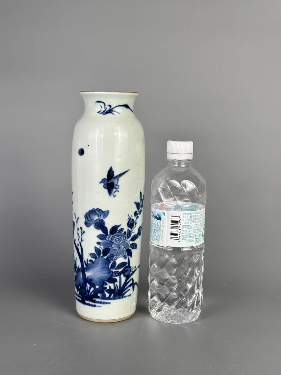中国美術　清朝　清代　青花花鳥文筒式瓶　棒錘瓶　唐物　古物　NX04530_画像9