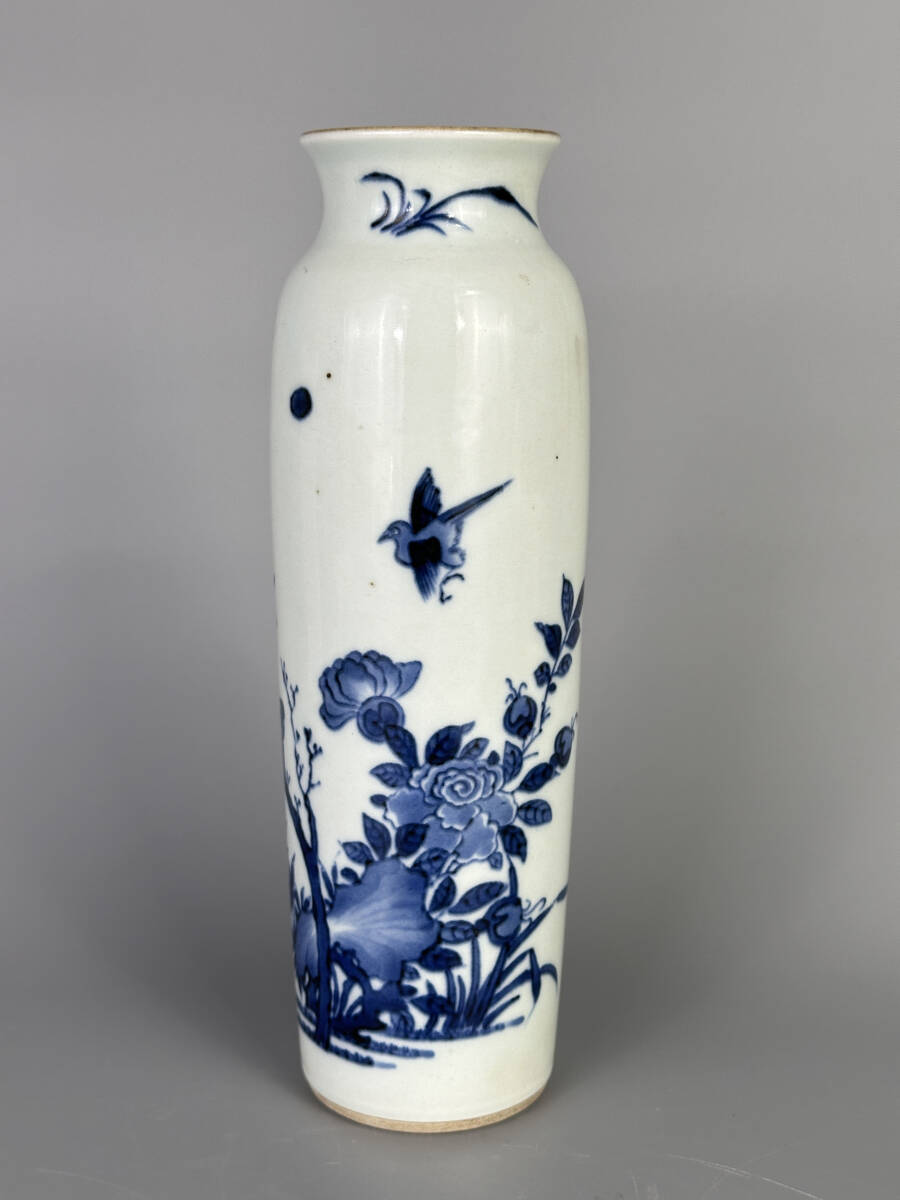 中国美術　清朝　清代　青花花鳥文筒式瓶　棒錘瓶　唐物　古物　NX04530_画像1