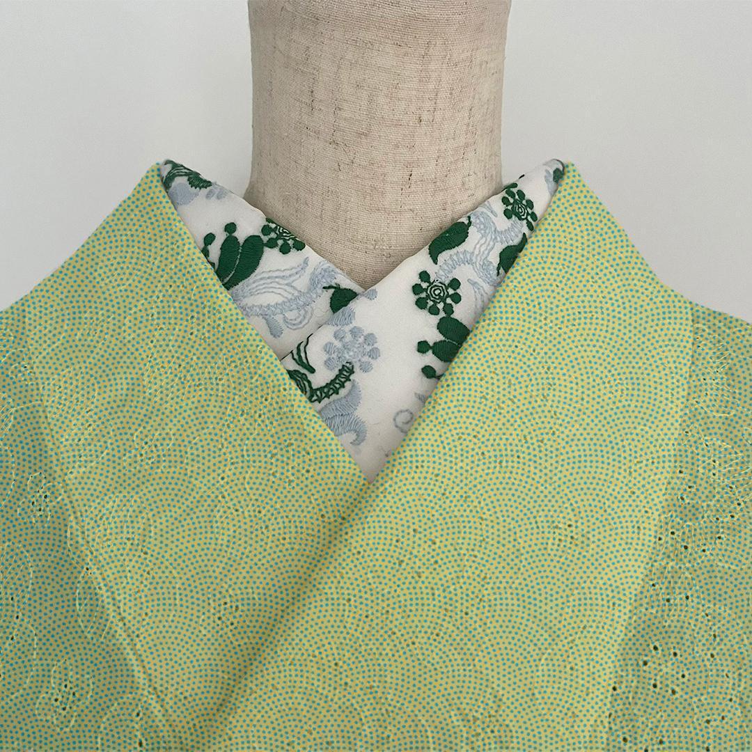 半衿 ダマスク 刺繍のコットンレース 花 水色 緑 半襟 洗える 綿レース_画像3