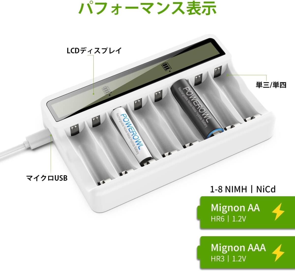 充電器+4本単四電池+4本単三電池 POWEROWL急速電池充電器 電池充電器 単三単四に対応 LCD付き ニッケル水素充電池 8_画像3