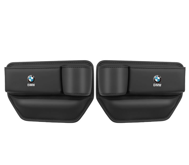 BMW 車用収納ポケット シートサイドポケット 2個セット/ブラック コンソール 隙間収納ボックス PUレザー カップホルダー付きの画像1