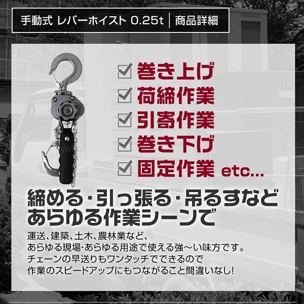 【限定セール】10個セット レバーホイスト 定格荷重0.25t 250kg チェーンホイスト TUV認証済 玉掛け ジャッキ ガッチャ チェーンブロック_画像2