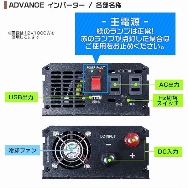 新品未使用 電源インバーター 修正波 DC12V → AC100V 定格1000w 最大2000w 車載コンセント USBポート付 カーインバーター アウトドア 防災_画像8