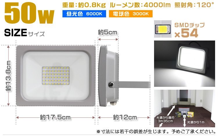 新品 LED投光器 ワークライト 50W PSE取得 昼光色6000K 広角120度 IP65 ACコード付 作業灯 集魚灯 照明 倉庫 防犯 アウトドア キャンプ_画像10