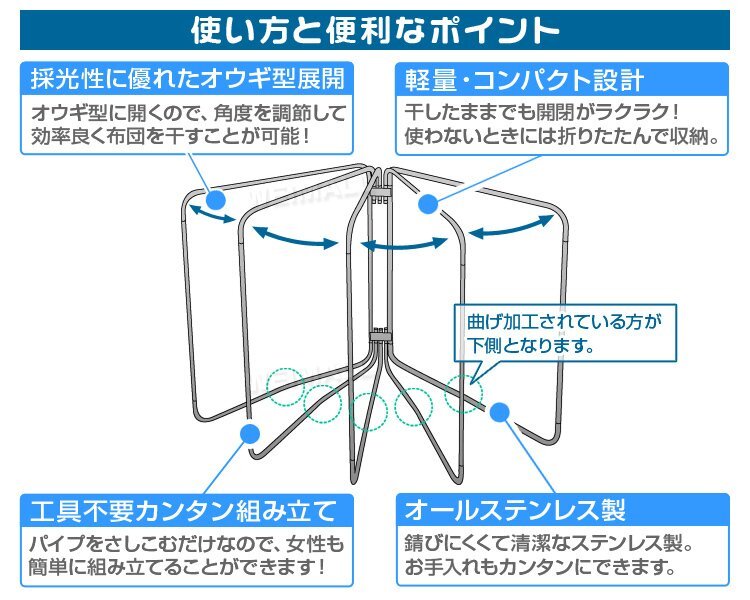 【限定セール】折り畳み布団干し 最大5枚干し 錆びにくい ステンレス コンパクト 布団干し 洗濯 部屋干し 布団 ハンガーラック 寝具の画像3