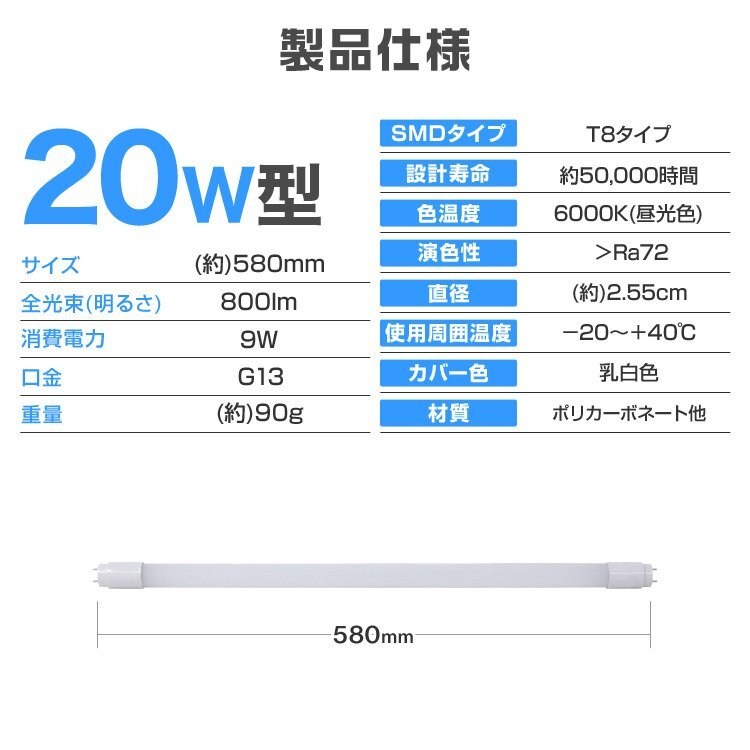 【限定セール】2本セット 1年保証付き 直管 LED蛍光灯 20W形 58cm 高輝度SMD グロー式 工事不要 電気 照明 会社 事務所 オフィス 新品_画像9