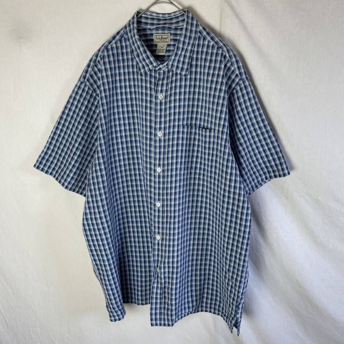 L.L.Bean 半袖チェックシャツ 古着 L-Rサイズ ネイビー の画像1