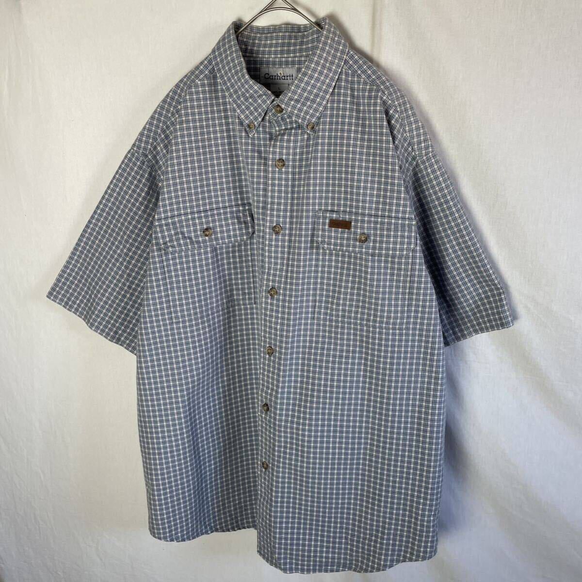 カーハート 半袖チェックシャツ ボタンダウン 古着 Lサイズ ブルーグレー の画像1