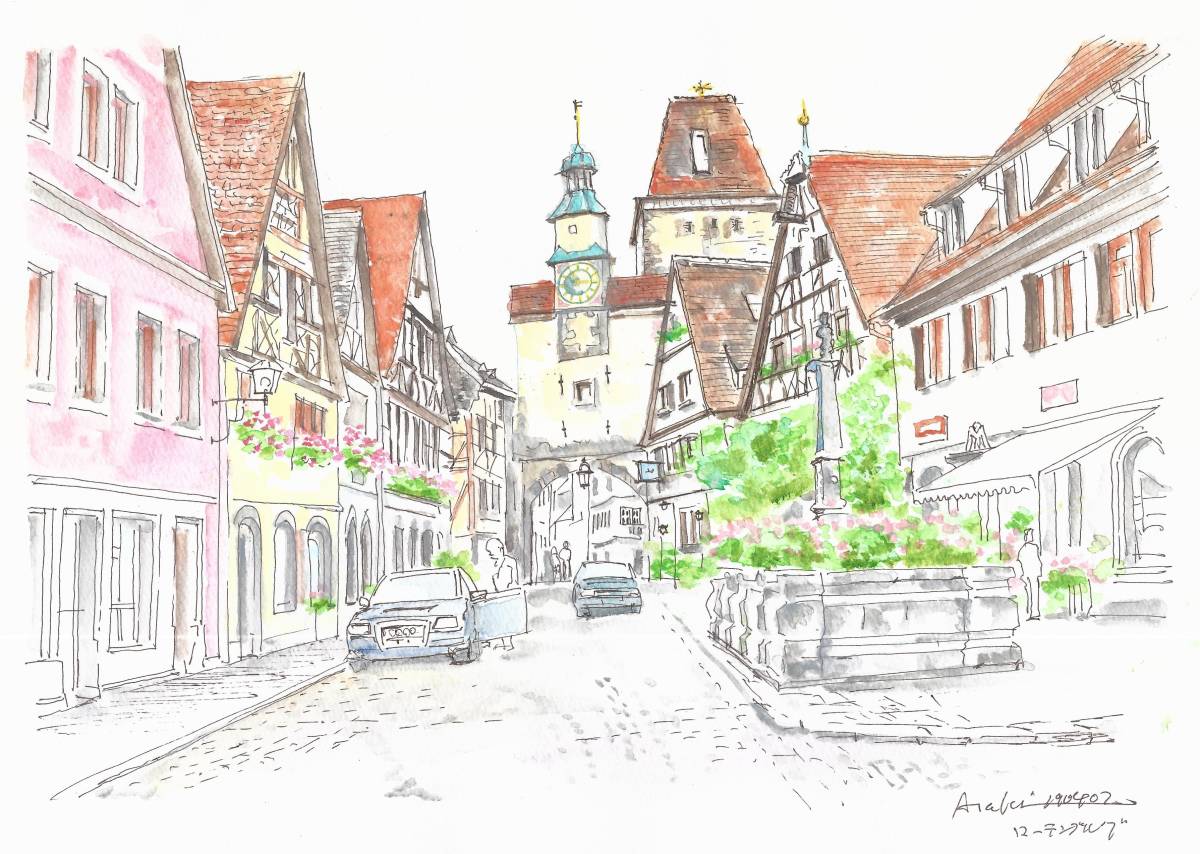 ヨーロッパの街並み・ドイツ・ローテンブルグの門ー２・水彩画・F4画用紙_画像1