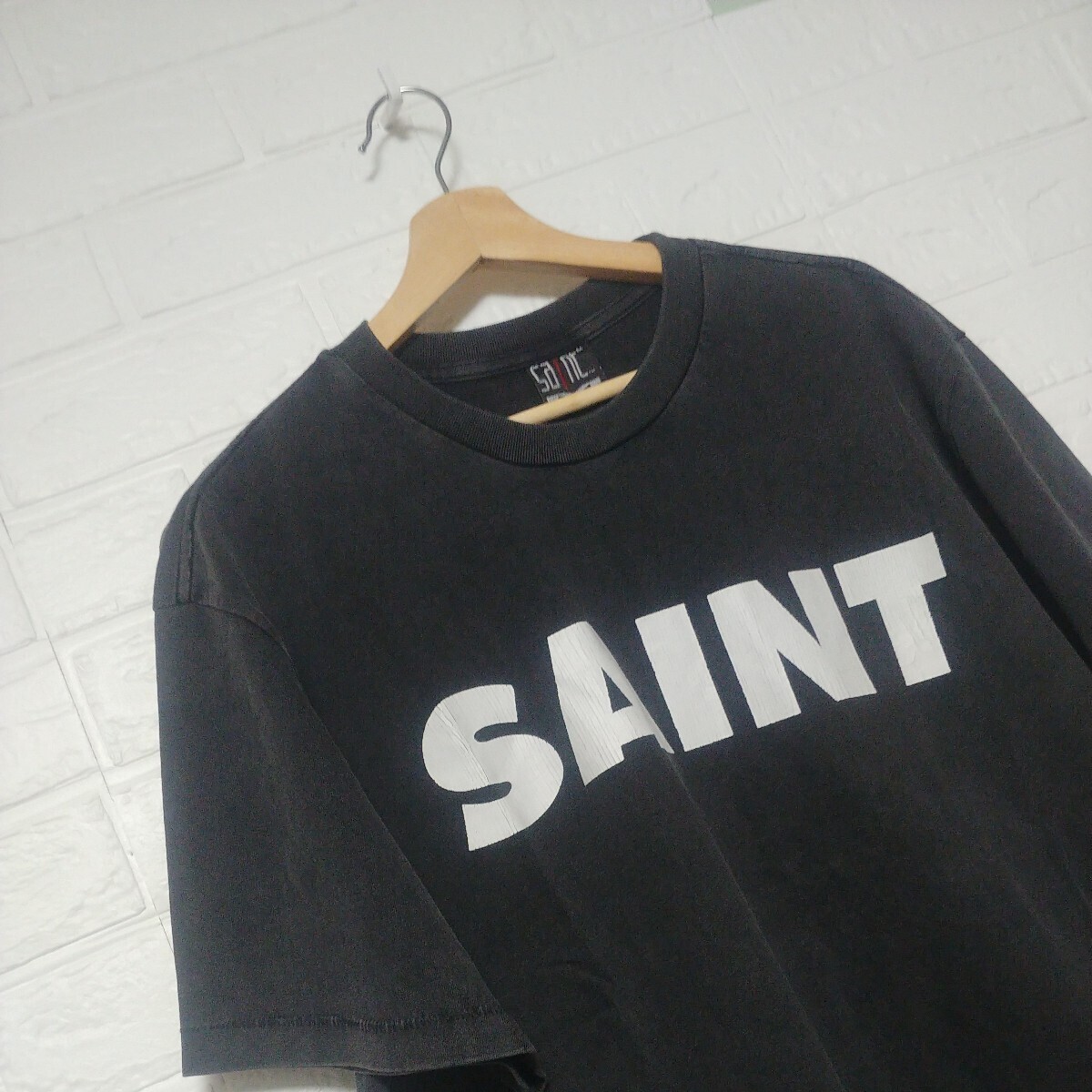 SAINT MICHAEL セント マイケル 23AW SS TEE/S N T/BLACK USED加工Tシャツ 黒 ブラック Tシャツ プリント L size TEE の画像2