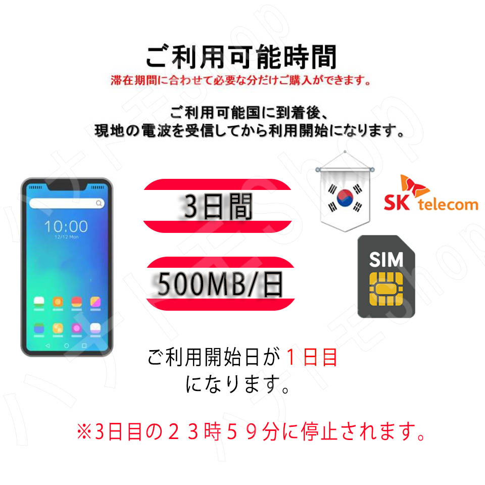 韓国 korea プリペイドSIM SIMカード データ通信SIM 1日500MB 利用期間3日 高速データ通信 4G LTE データ専用 出張 海外旅行_画像2