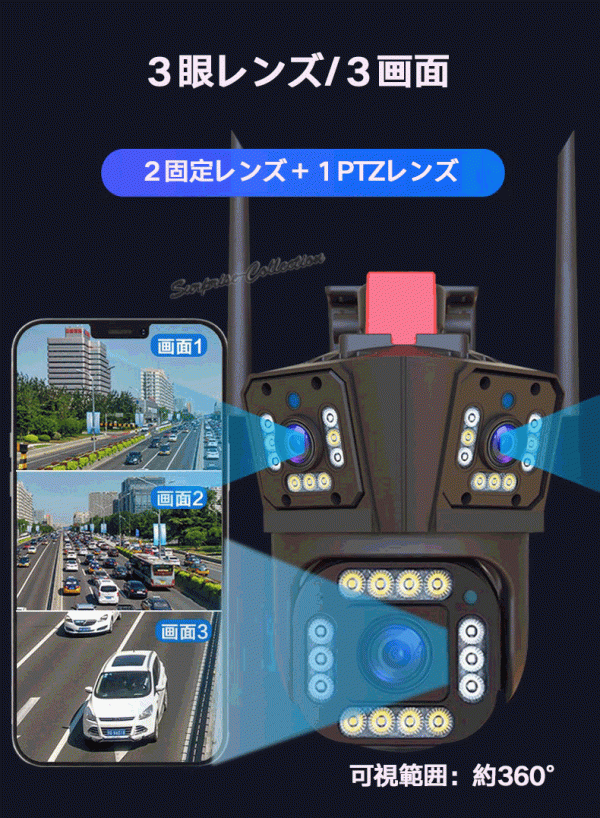 1200萬畫素 3レンズ 防犯カメラ 屋外 ワイヤレス WiFi 常時(shí)録畫 人體検知 SDカード録畫 自動(dòng)追尾 暗視 監(jiān)視カメラ 839★