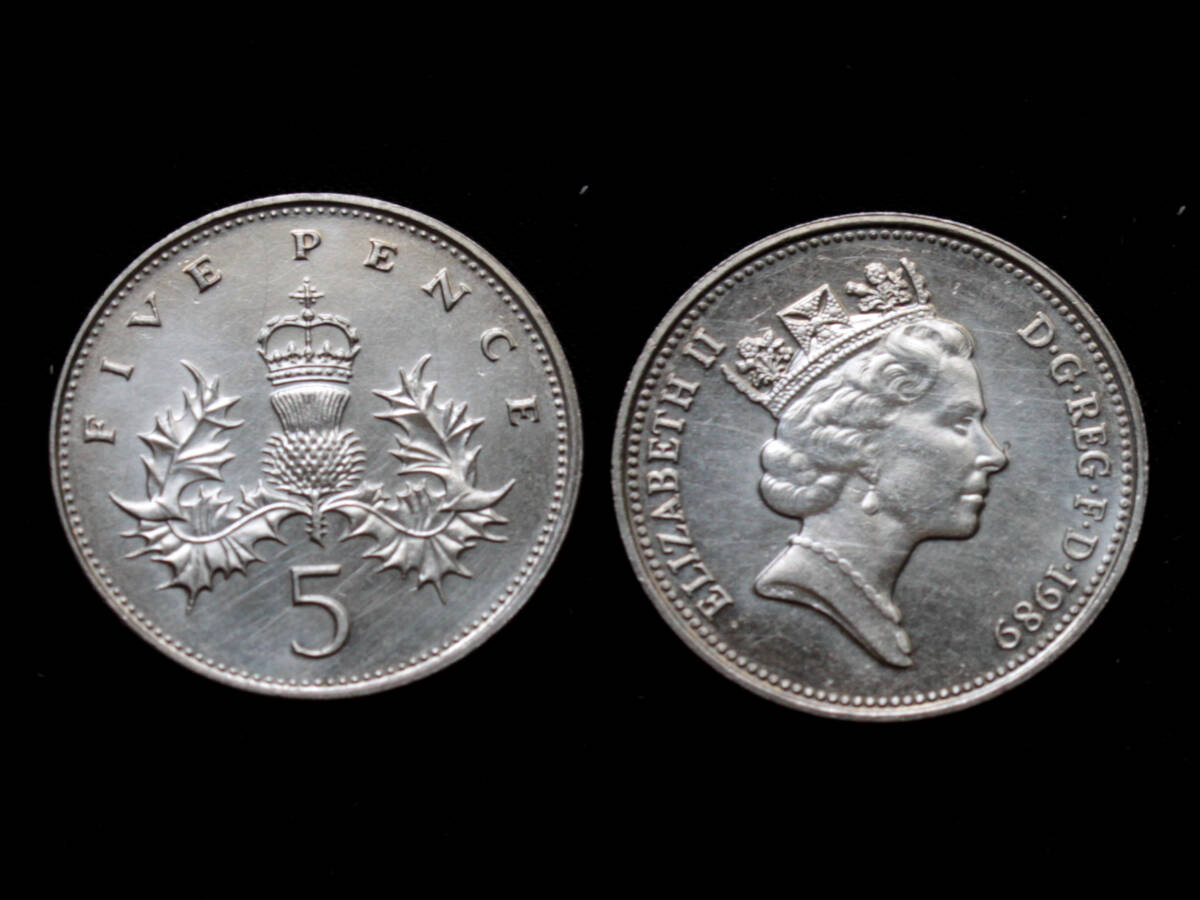 【イギリス】 1989年 5 ペンス　白銅貨　エリザベス2世女王　スコットランド　アザミ_画像1
