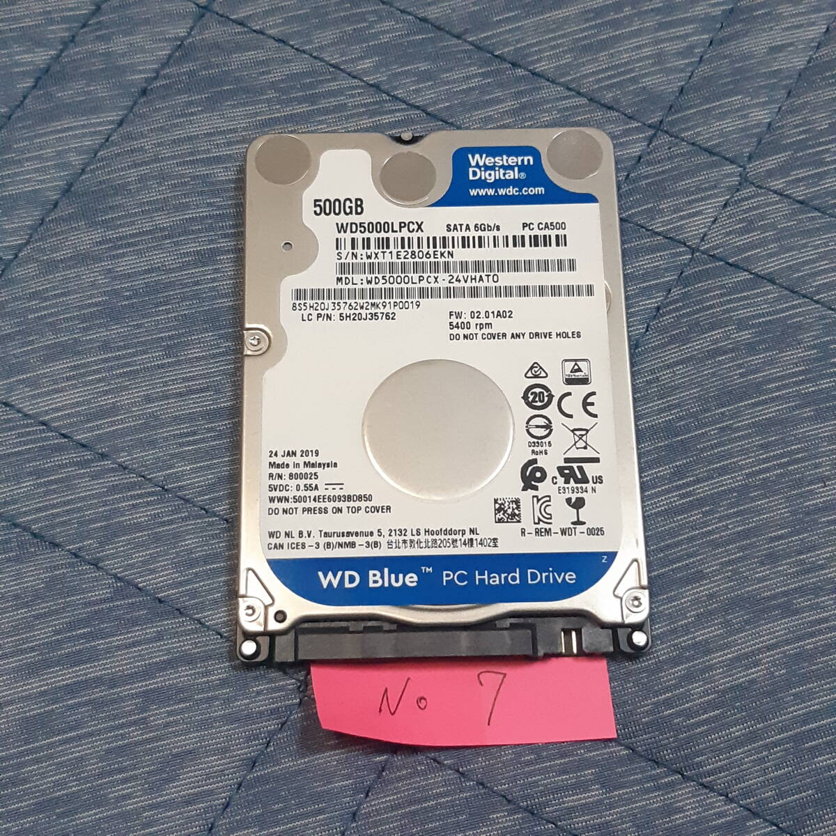 No.7【動作保証】正常判定 使用時間短め★2019年製★HDD 500GB★SATA 2.5インチ★7ミリ厚★WD Blue★Western Digital★使用200時間の画像1