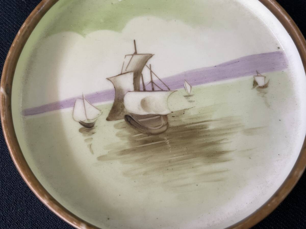 西高μN4【1910-1911年頃の品 オールド ノリタケ 】手描き 小皿 Noritake 船 景色 Mマークの画像3