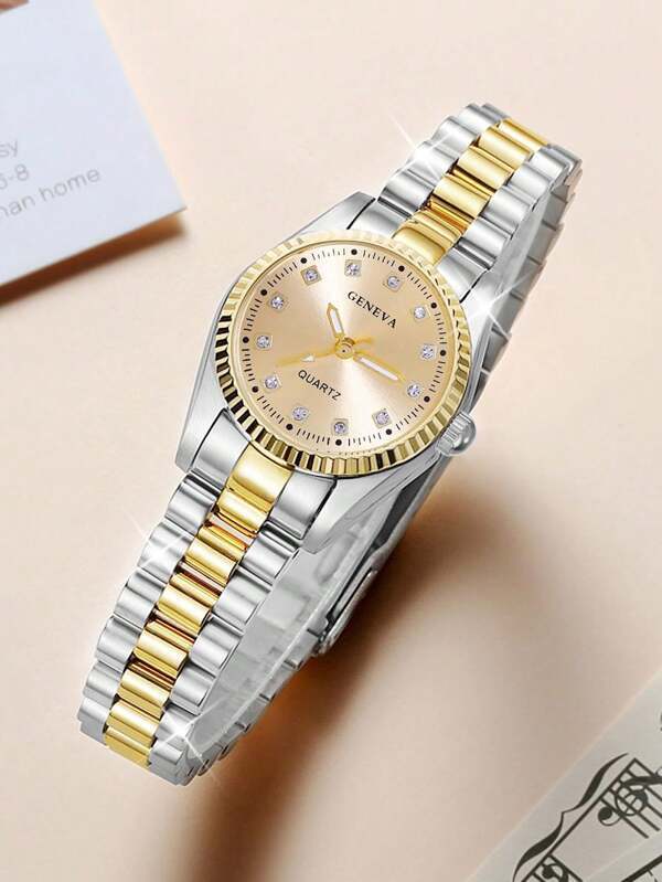 腕時計 レディース クォーツ レディース腕時計 1個 女性用ゴールド丸型完全に埋め込まれた文字盤 表示 アロイストラップ カジュア_画像6