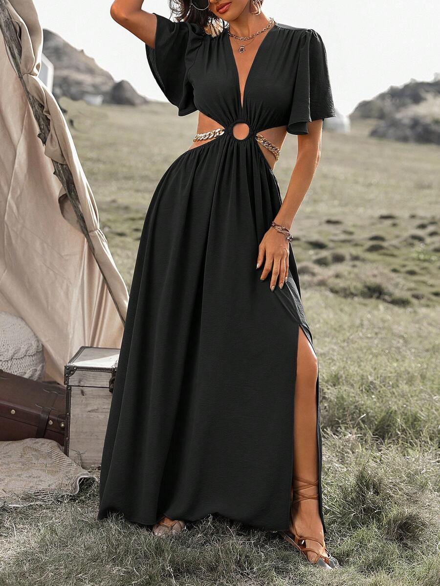 レディース ドレス 女性用 ホリデー 純色 スリット チェーン装飾 ロングドレス_画像6
