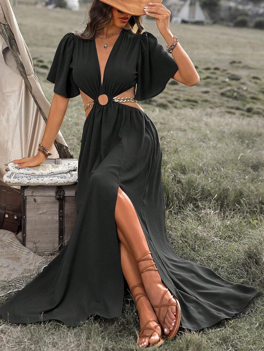 レディース ドレス 女性用 ホリデー 純色 スリット チェーン装飾 ロングドレス_画像4