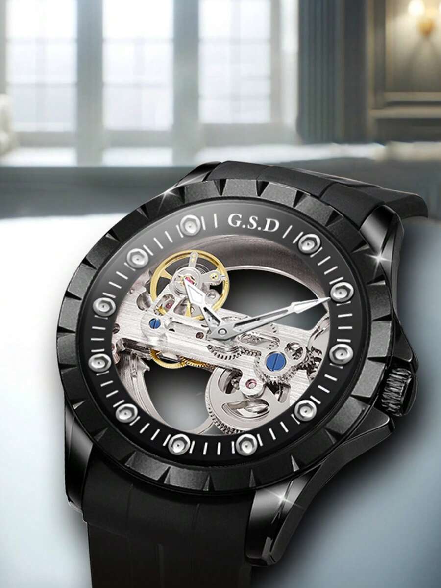 腕時計 メンズ 機械式 腕時計 メンズ ステンレス スチール 黒シリコン 腕時計 ファッション バイク デザイン ホロウ_画像4