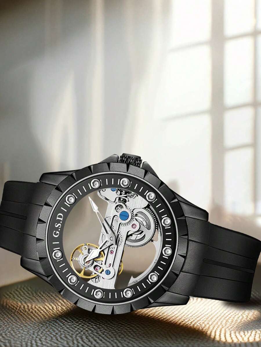 腕時計 メンズ 機械式 腕時計 メンズ ステンレス スチール 黒シリコン 腕時計 ファッション バイク デザイン ホロウ_画像3
