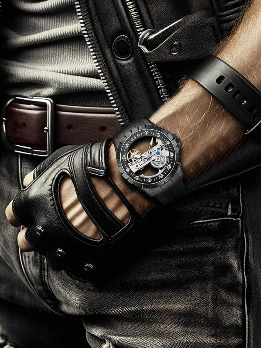 腕時計 メンズ 機械式 腕時計 メンズ ステンレス スチール 黒シリコン 腕時計 ファッション バイク デザイン ホロウ_画像6
