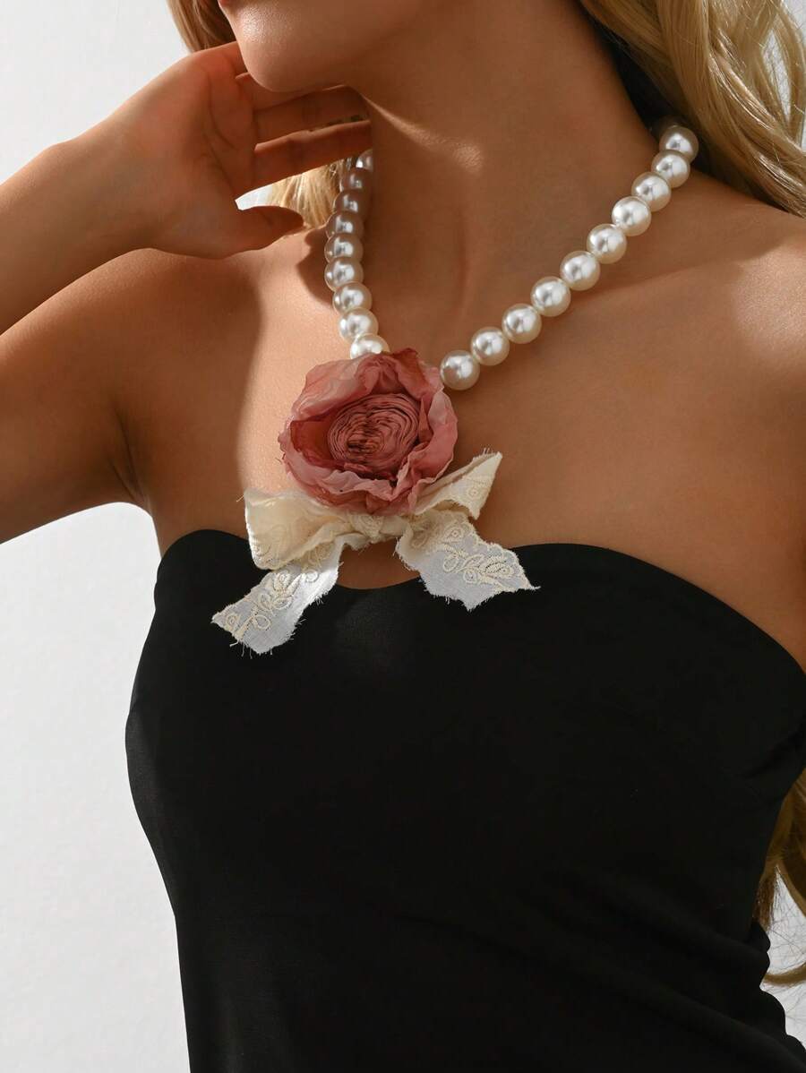 レディース ジュエリー ネックレス ロング 豪華なパール装飾 フラワータイプのネックレス おしゃれなウェディング・パーティーアクセ_画像1