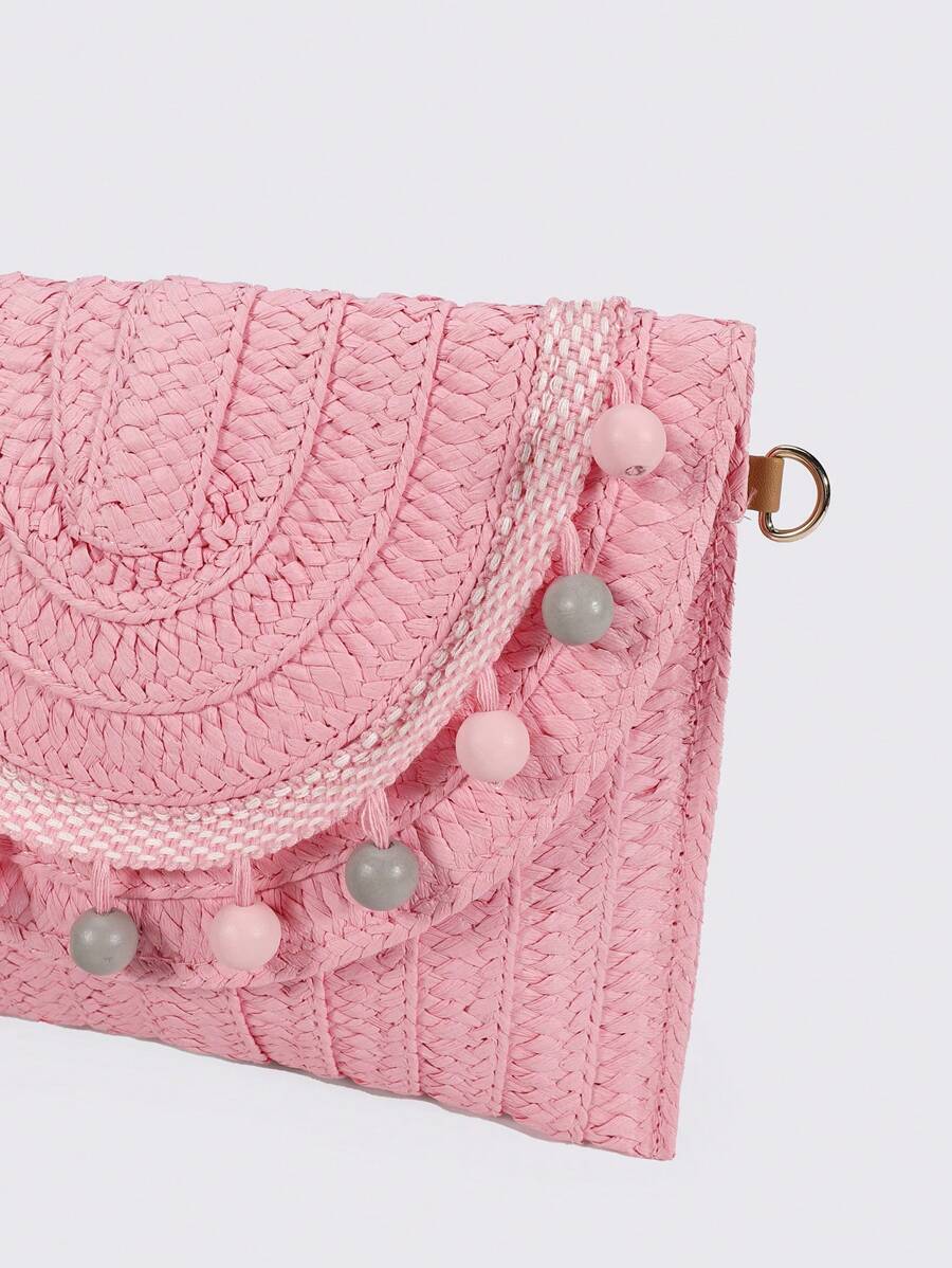 レディース バッグ ハンドバッグ 夏新作のピンク紙ストロー編みビーチバッグ、女性用ファッション木ビーズフリップカバーリストバッグ、_画像5