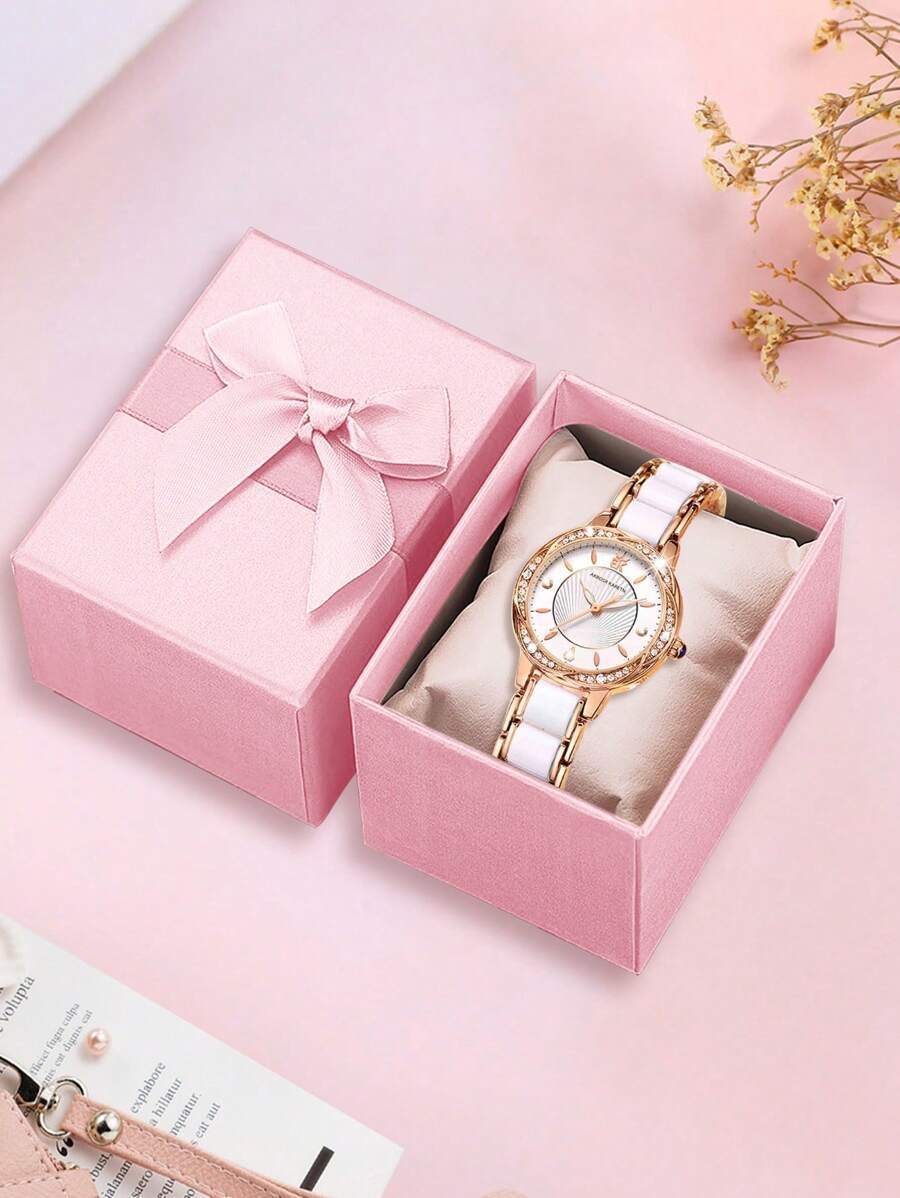腕時計 レディース セット エレガントな時計箱付きの女性用1本セット、ローズゴールドのラインストーンが飾られたクリエイティブな文字_画像3