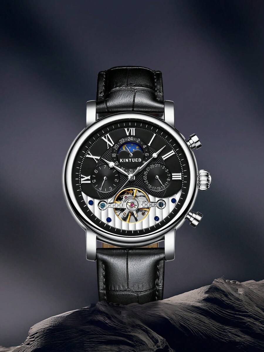 腕時計 メンズ 機械式 腕時計 クラシック ホロウアウト ムーンフェーズ&日付表示 自動巻き 黒 レザー 日常使用に適している_画像2