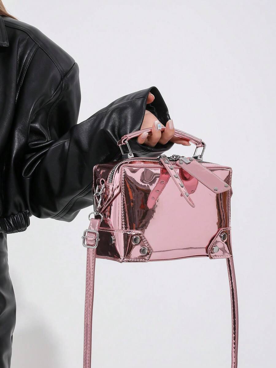 レディース バッグ ハンドバッグ ピンクのミニシャインリベットスタッズ付きジッパー付き構造かばんは、女性の毎日の通勤、ショッピング_画像4