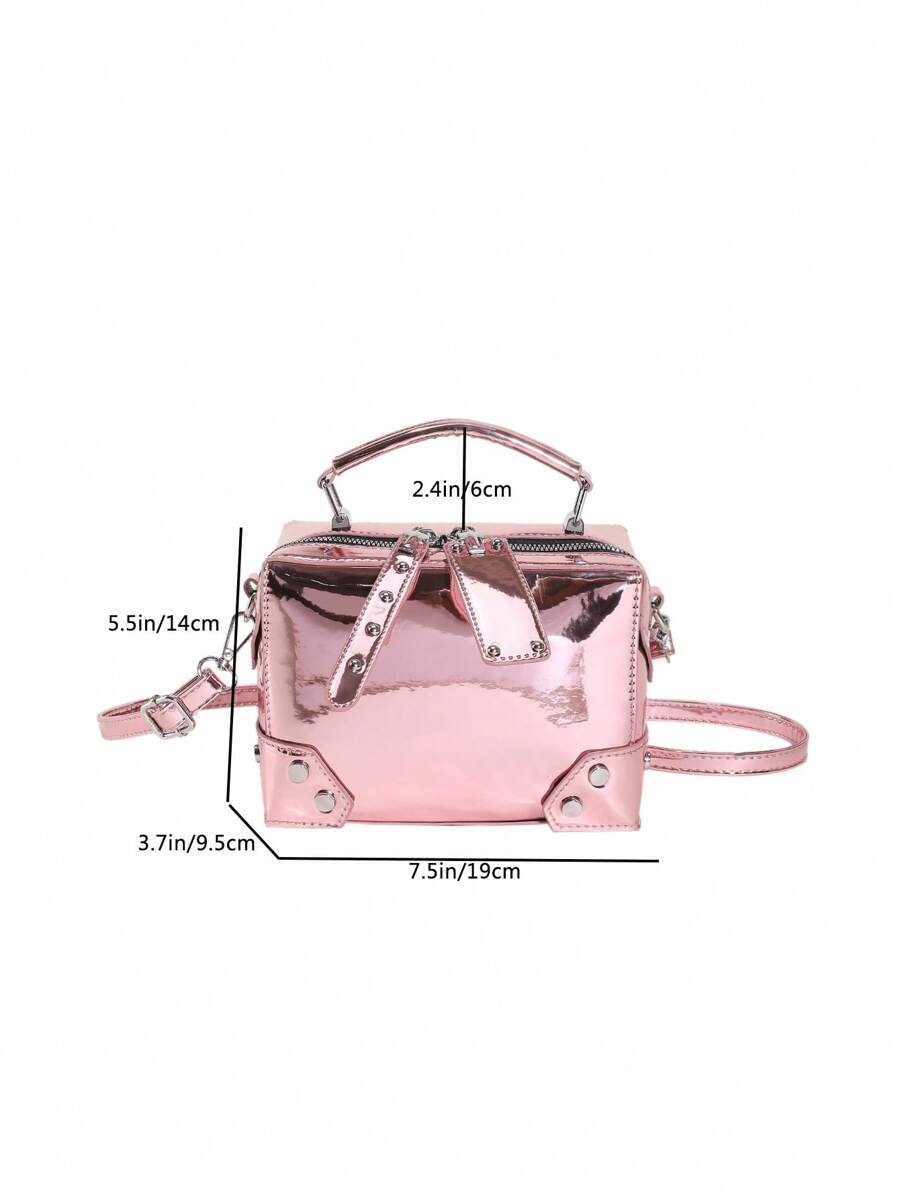 レディース バッグ ハンドバッグ ピンクのミニシャインリベットスタッズ付きジッパー付き構造かばんは、女性の毎日の通勤、ショッピング_画像3