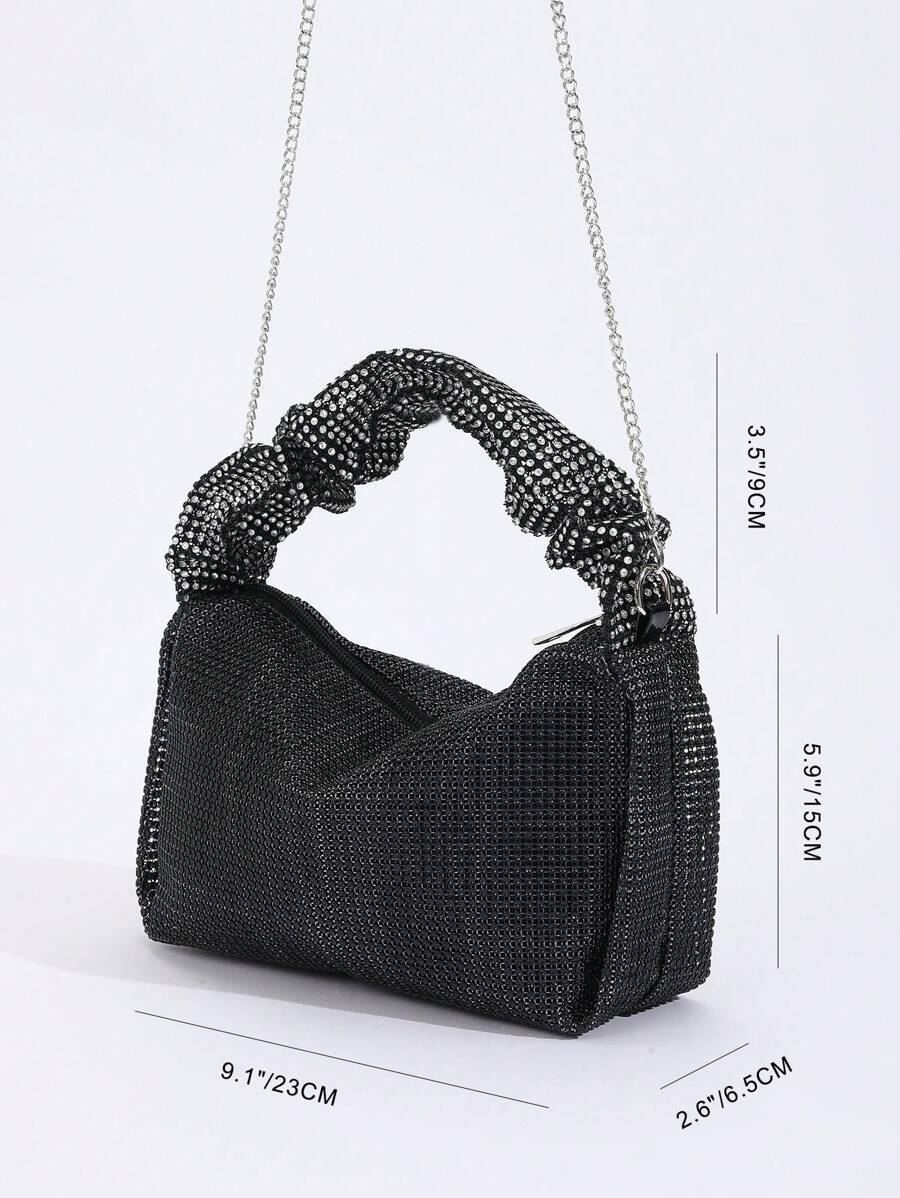 レディース バッグ ドレスバッグ 1個のゴージャスでエレガントな光沢のある黒色のソリッドカラーパース。ジッパー、チェーン、ラッフル_画像1