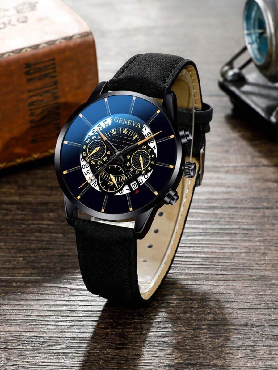 腕時計 メンズ セット メンズビジネス向けカジュアル時計 カレンダー機能付き + 木製ビーズ ロープブレスレット4本セット 黒色レ_画像1