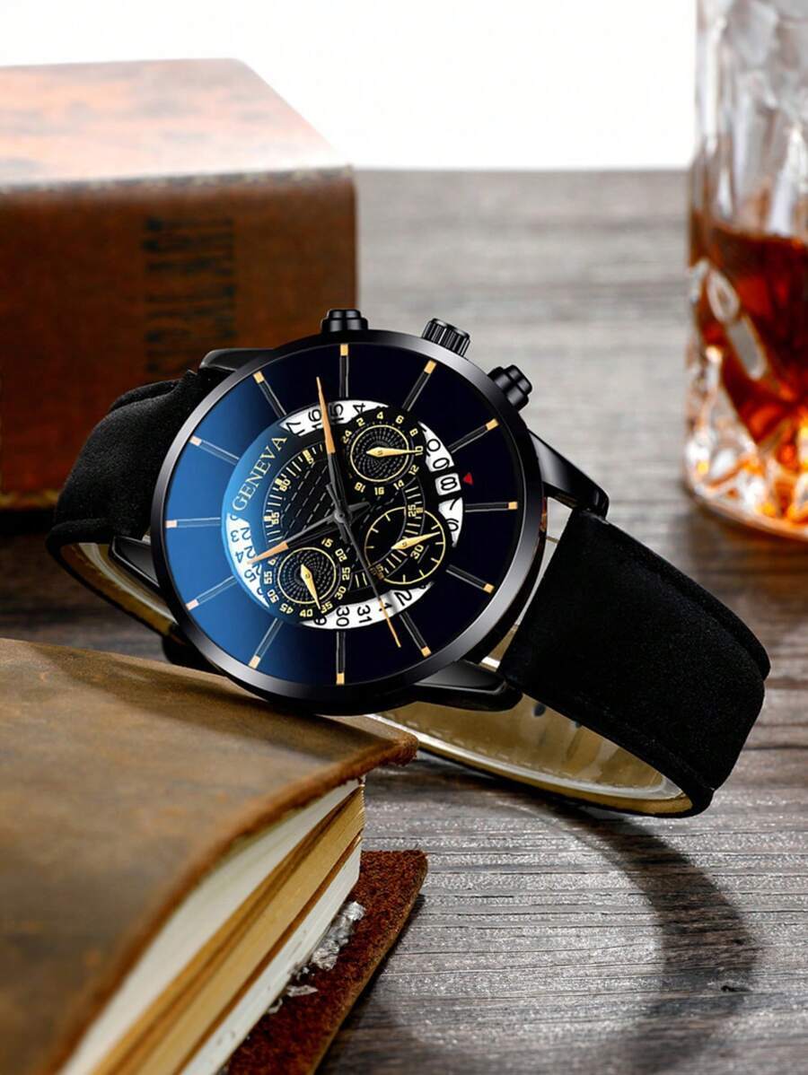 腕時計 メンズ セット メンズビジネス向けカジュアル時計 カレンダー機能付き + 木製ビーズ ロープブレスレット4本セット 黒色レ_画像4
