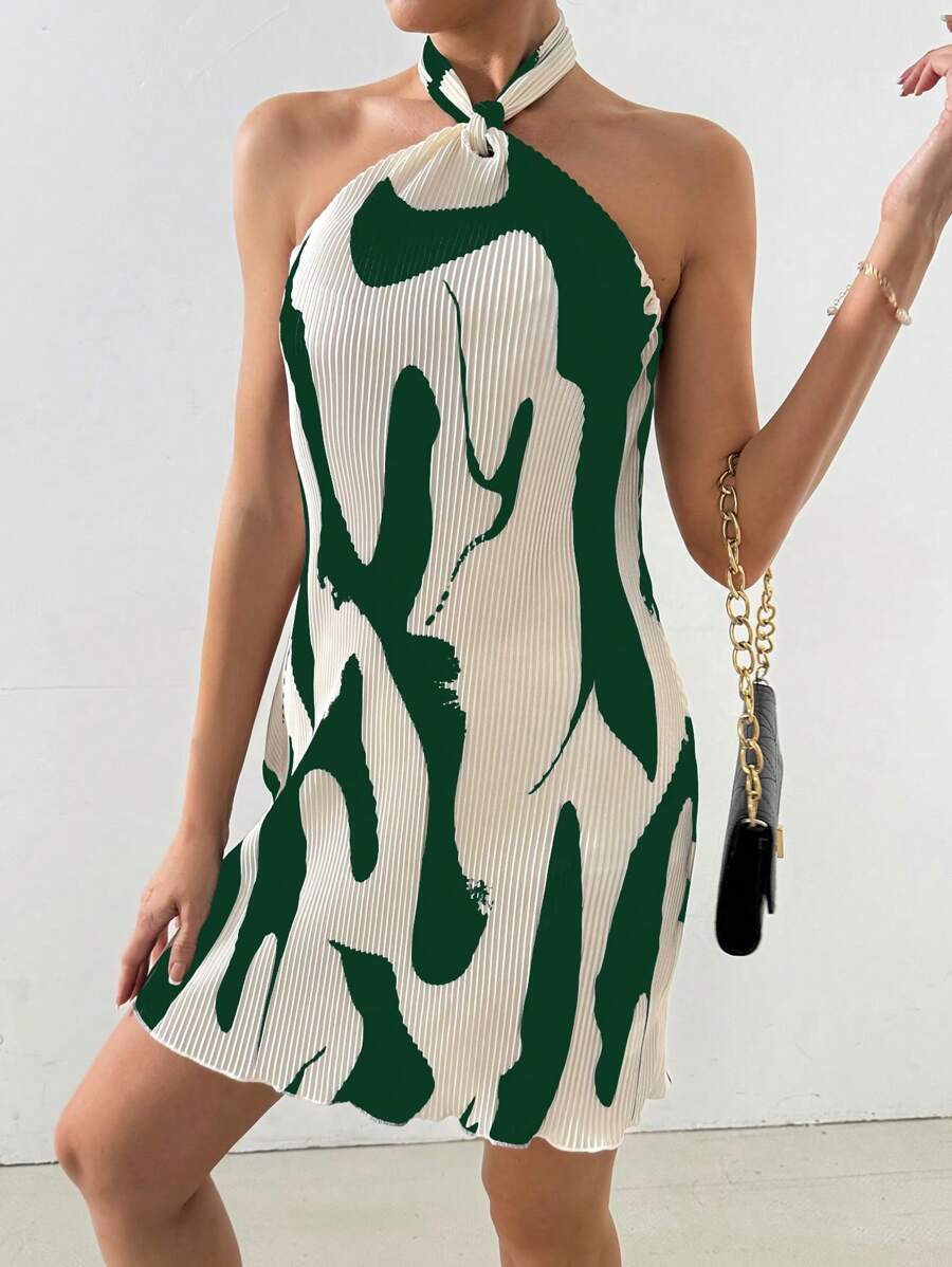 レディース ドレス _ 女性ファッション グリーンとホワイトのコントラストカラーホルターネックドレス_画像2