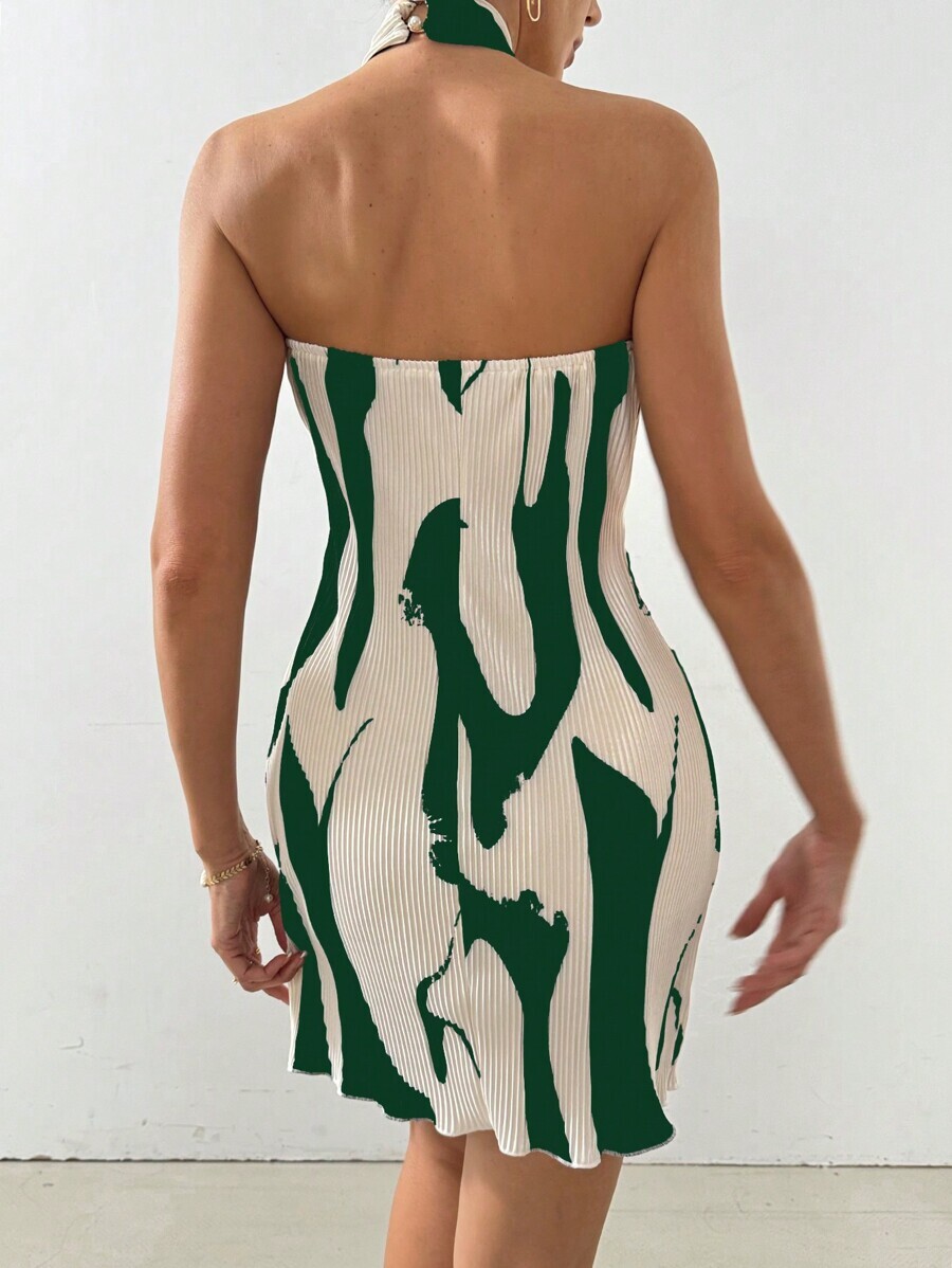 レディース ドレス _ 女性ファッション グリーンとホワイトのコントラストカラーホルターネックドレス_画像3