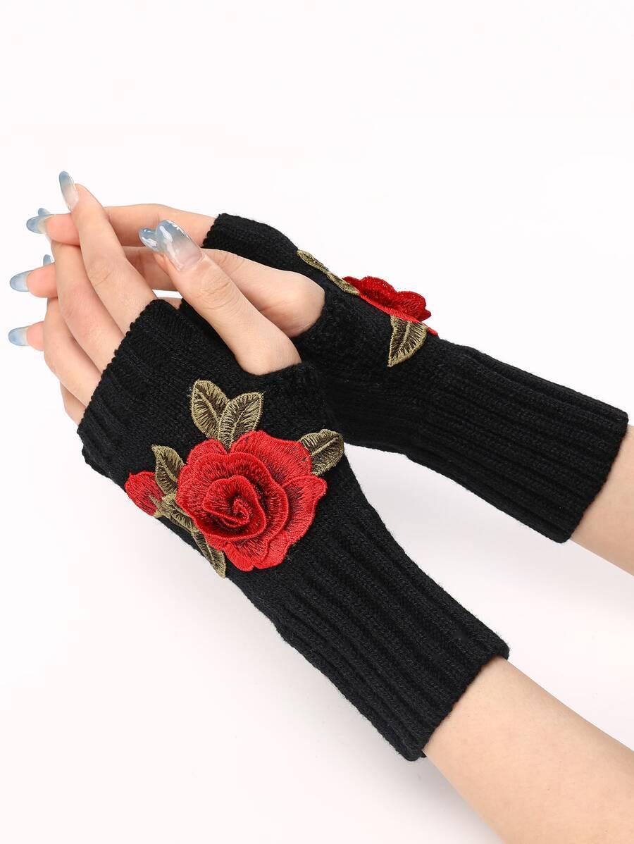 レディース アクセサリー 手袋 1 ペアの女性の黒のニット手袋、短い赤い花の装飾の指なしスリーブ、秋 & 冬用_画像2
