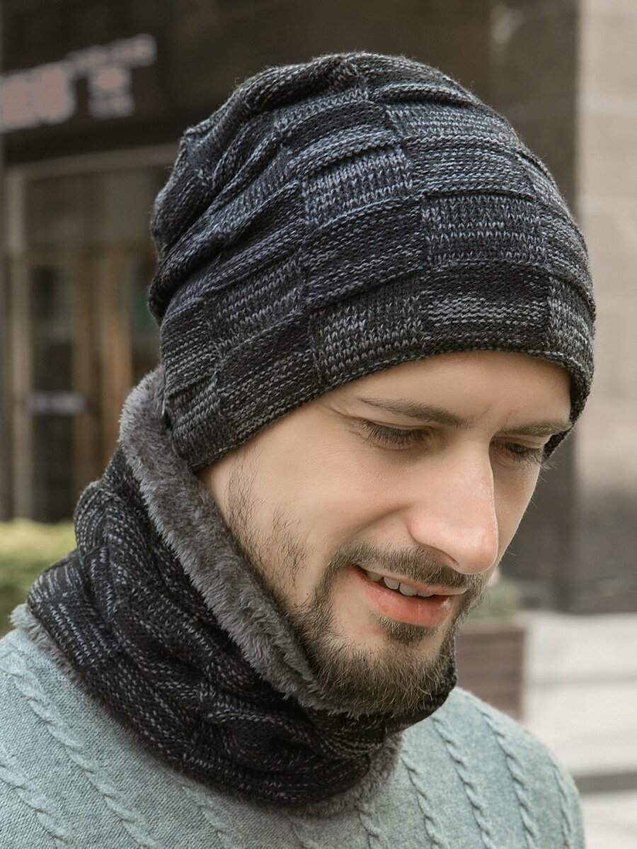 メンズ アクセサリー 帽子 メンズ冬用ビーニーハットスカーフ セット、暖かいニット帽子スカルキャップネックウォーマー、厚手の裏地付_画像2
