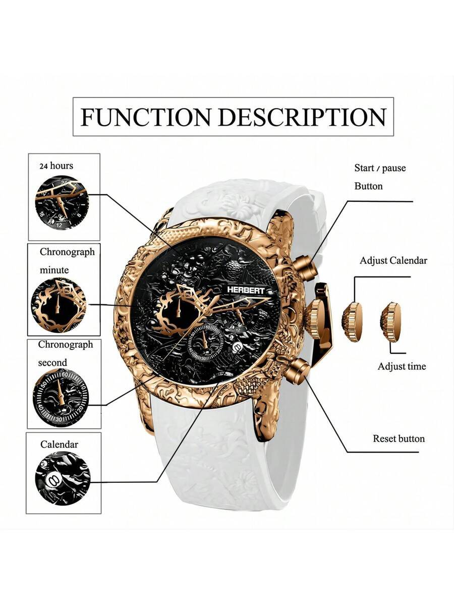 腕時計 メンズ クォーツ 腕時計 ラージダイアル クロノグラフコードテーブル 3彫刻ドラゴン防水スポーツ腕時計、エレガントな男性用_画像3