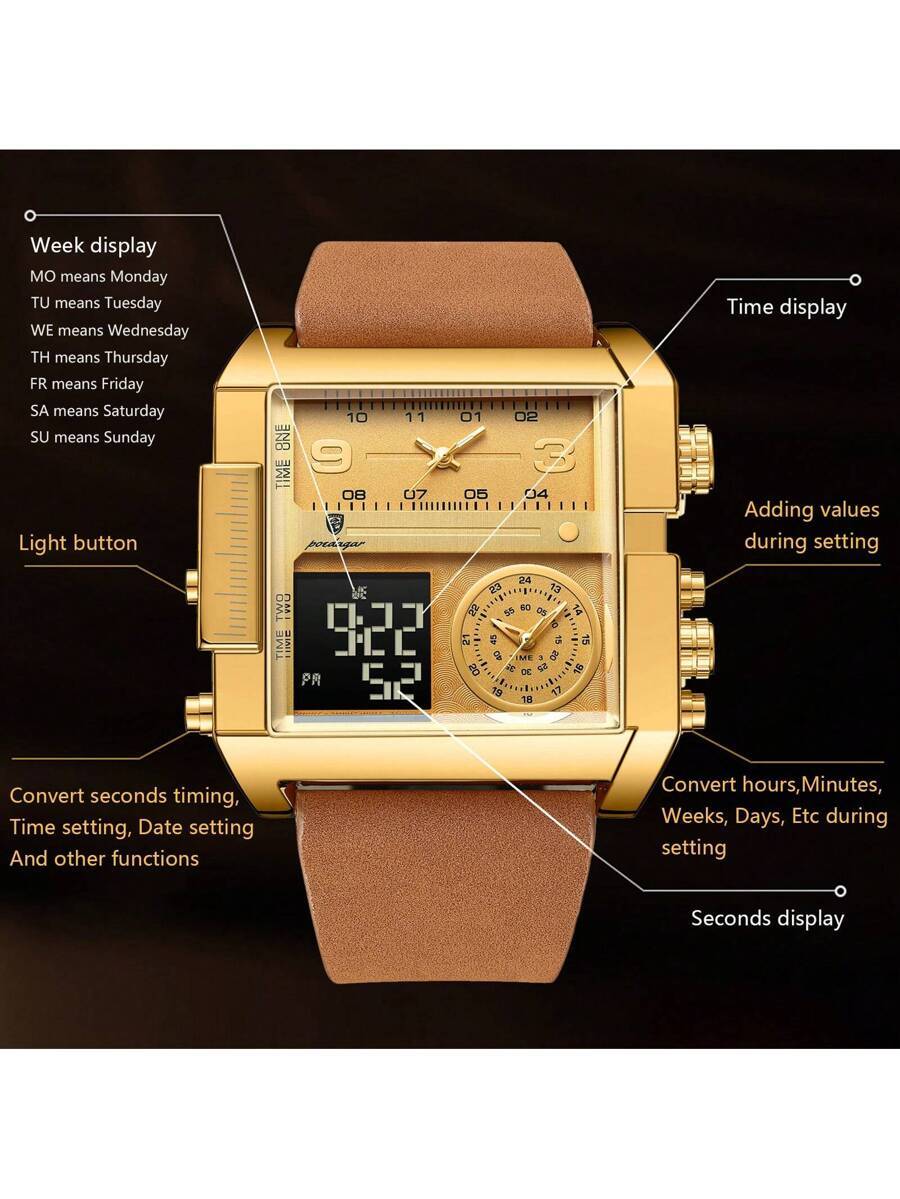 腕時計 メンズ デジタル ポエダガーラグジュアリーなメンズ腕時計 正方形 デジタル多機能 防水 蓄光 デイ&ウィーク表示 クォーツ_画像5