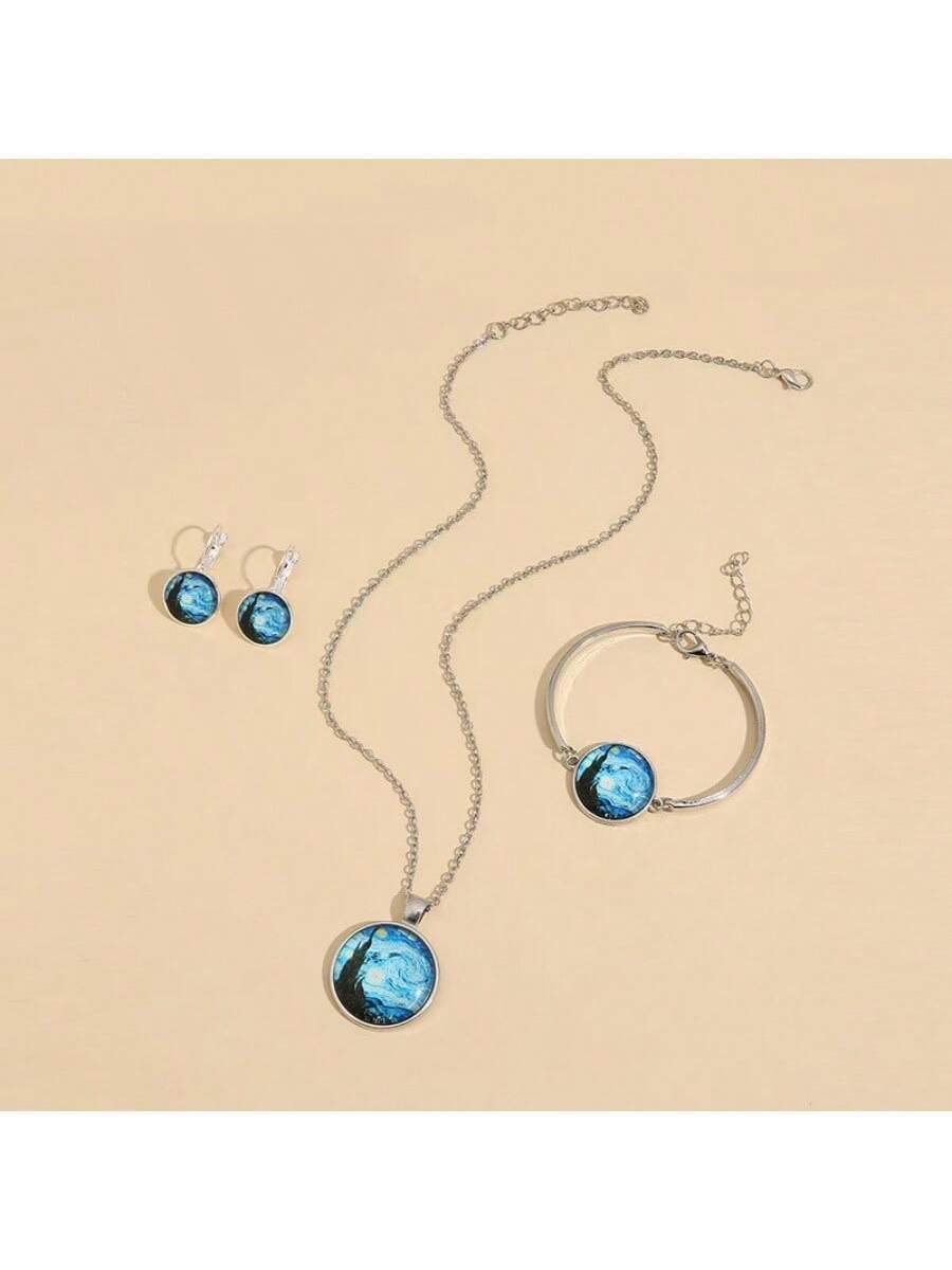 レディース ジュエリー セット 星空デザインの宝石付きバン・ゴッホシリーズ、亜鉛合金製のイヤリング、ネックレス、ブレスレットがセッ_画像1