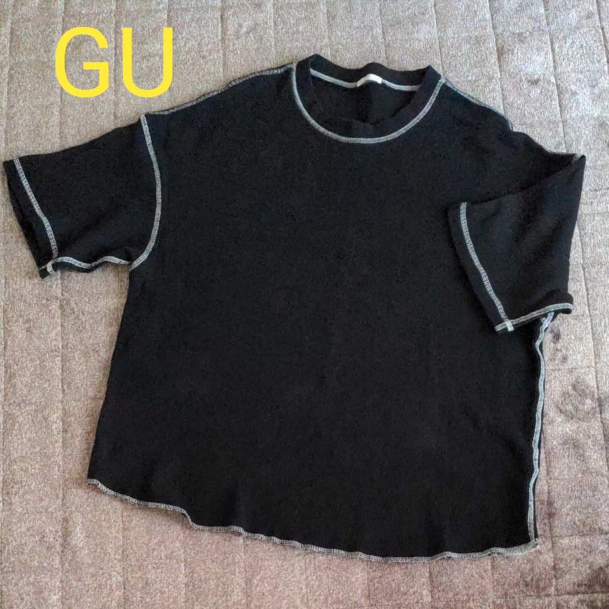 GU　ワッフル ワイドフィットT　五分袖　ステッチ　ブラック　メンズS　オーバーサイズ　ゆったり