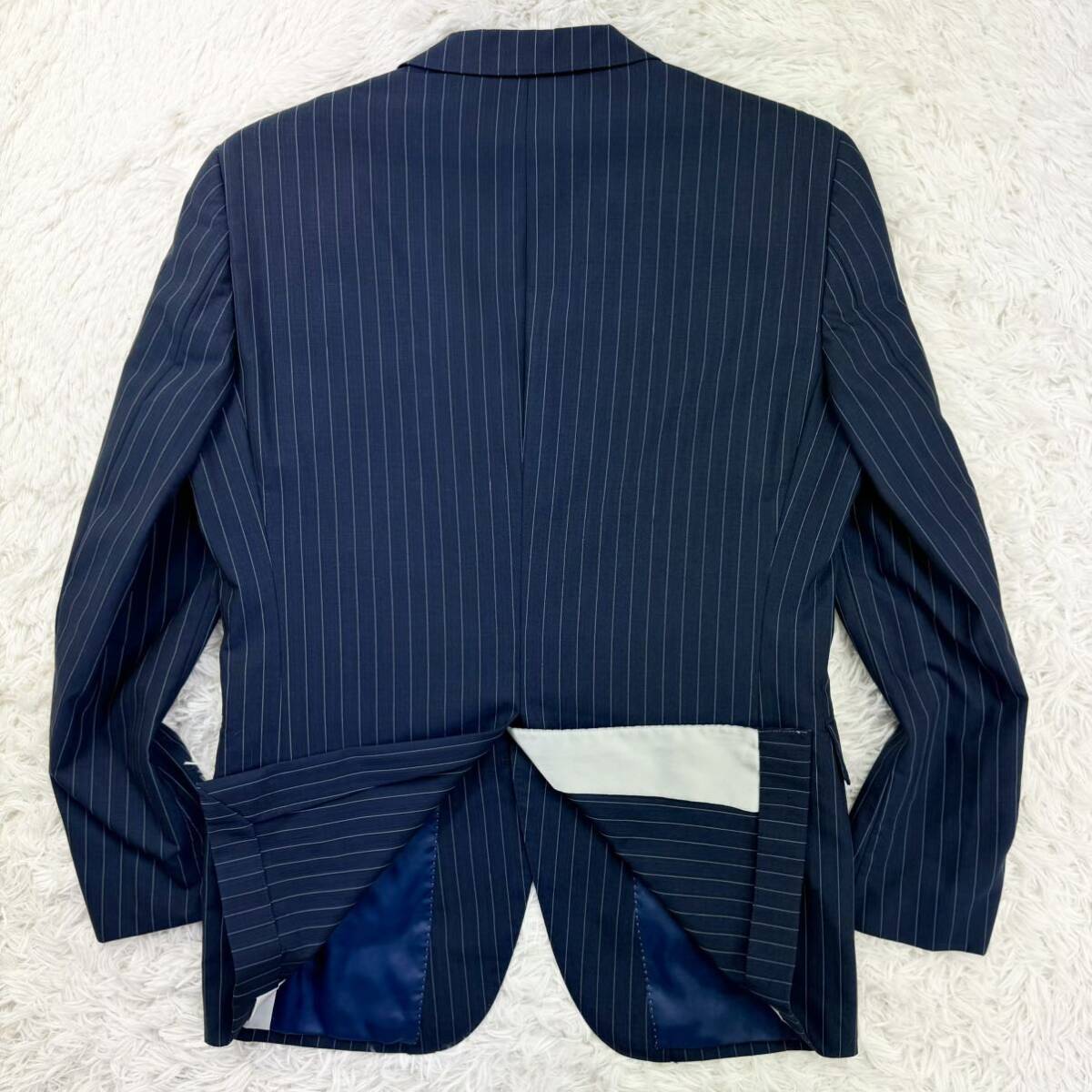 極美品/パーフェクトスーツファクトリー perfect suit factory セットアップ ストライプ 紺色 ネイビー ストライプ ウール 高級感◎ A5 M位_画像9