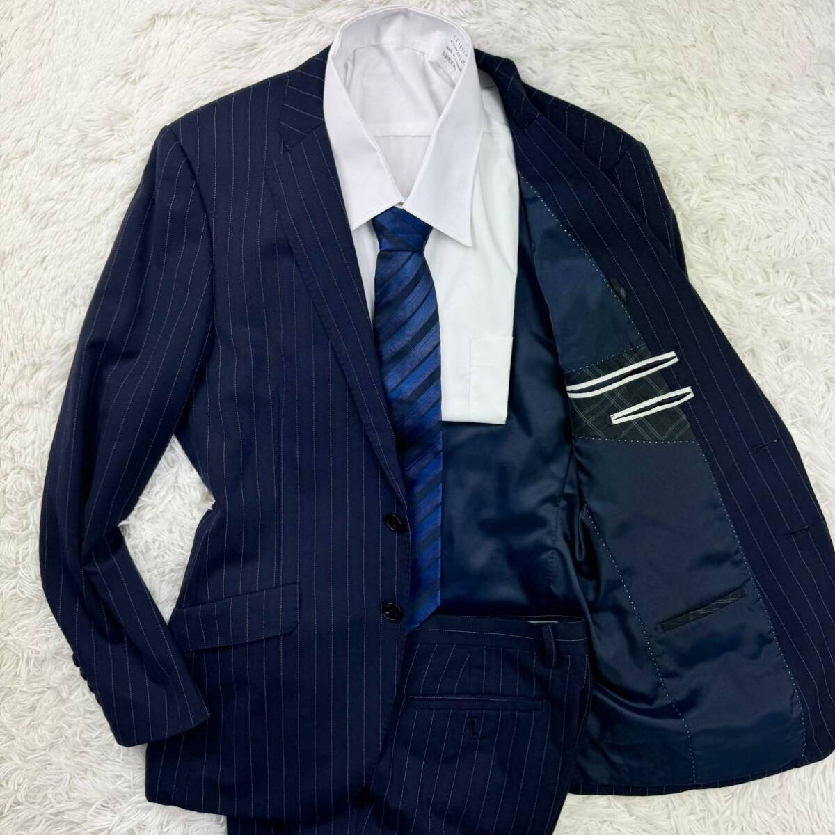極美品/希少L◎パーフェクトスーツファクトリー perfect suit FActory セットアップ 紺色 ネイビー ストライプ A6 ウール 高級感◎ 通年_画像1