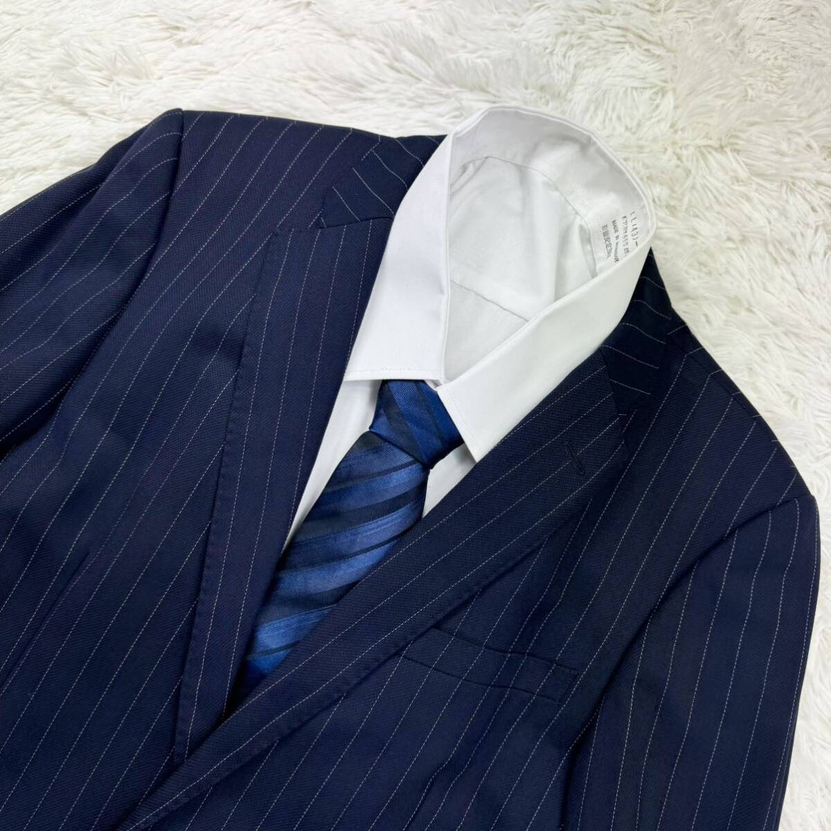 極美品/希少L◎パーフェクトスーツファクトリー perfect suit FActory セットアップ 紺色 ネイビー ストライプ A6 ウール 高級感◎ 通年_画像3