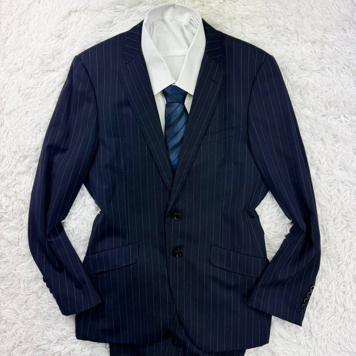 極美品/希少L◎パーフェクトスーツファクトリー perfect suit FActory セットアップ 紺色 ネイビー ストライプ A6 ウール 高級感◎ 通年_画像2