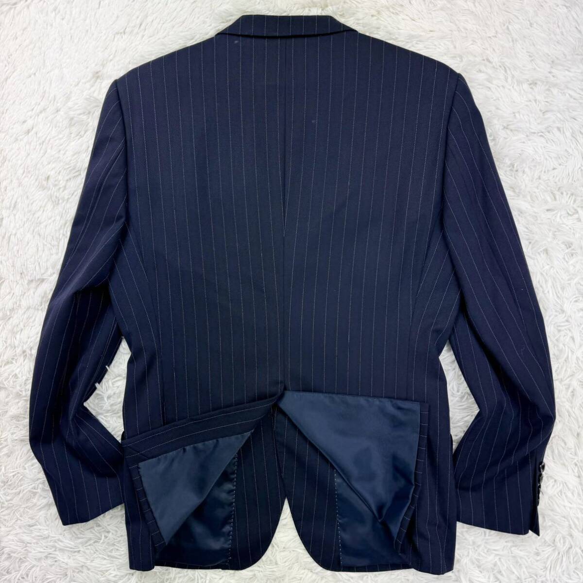 極美品/希少L◎パーフェクトスーツファクトリー perfect suit FActory セットアップ 紺色 ネイビー ストライプ A6 ウール 高級感◎ 通年_画像9