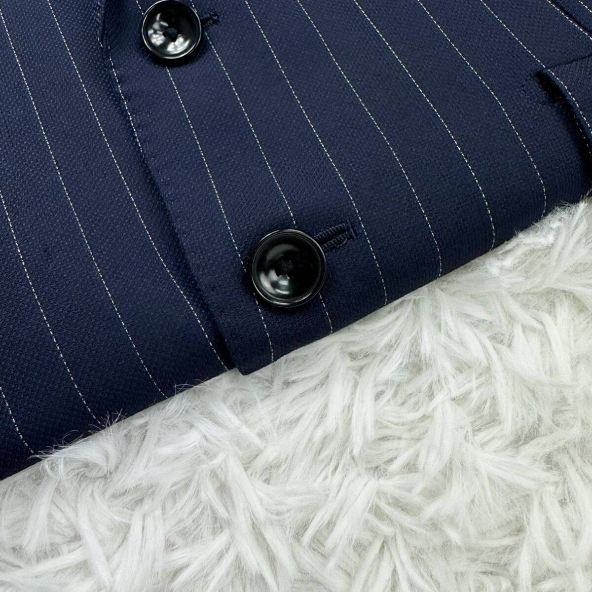 極美品/希少L◎パーフェクトスーツファクトリー perfect suit FActory セットアップ 紺色 ネイビー ストライプ A6 ウール 高級感◎ 通年_画像7